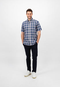 FYNCH HATTON Navy Check Cotton Short Sleeve Shirt