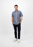 FYNCH HATTON Navy Check Cotton Short Sleeve Shirt