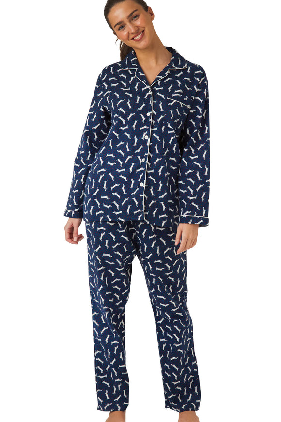 INDIGO SKY Navy Dotty Dachshund Cosy Brushed Cotton Pyjamas