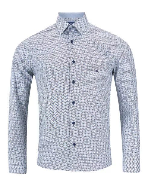 Blue patterned shirt on a white background