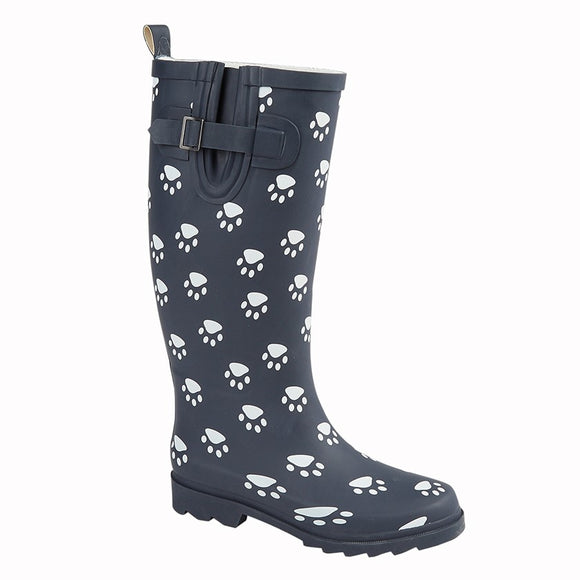 STORMWELLS Navy Blue/Paw Print Rubber Wellington