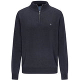 Navy blue sweater with a small logo on a white background