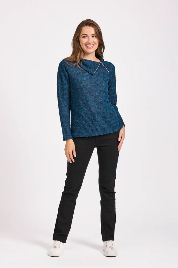 MUDFLOWER Teal Boucle Zip Neck Top