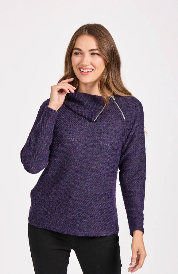 MUDFLOWER Purple Boucle Zip Neck Top