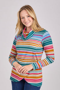 MUDFLOWER Grey Multi Striped Cowl Neck Top