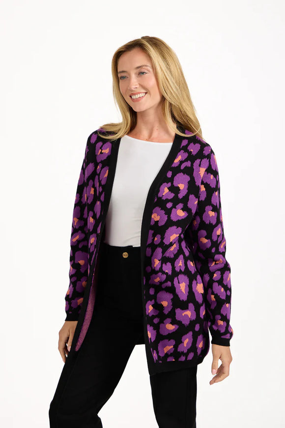 MUDFLOWER Purple Leopard Print Cardigan