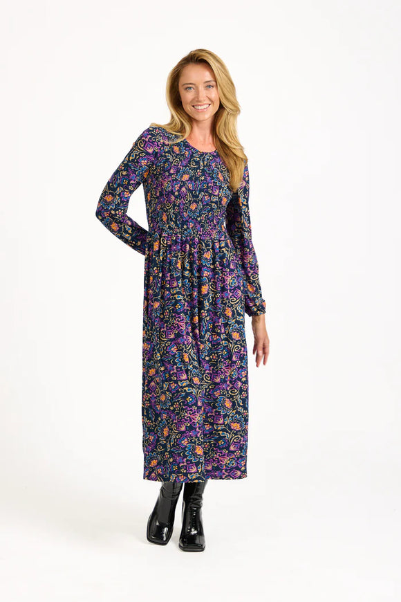 MUDFLOWER Navy Floral Print Shirred Dress