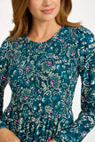 MUDFLOWER Teal Floral Print Shirred Dress