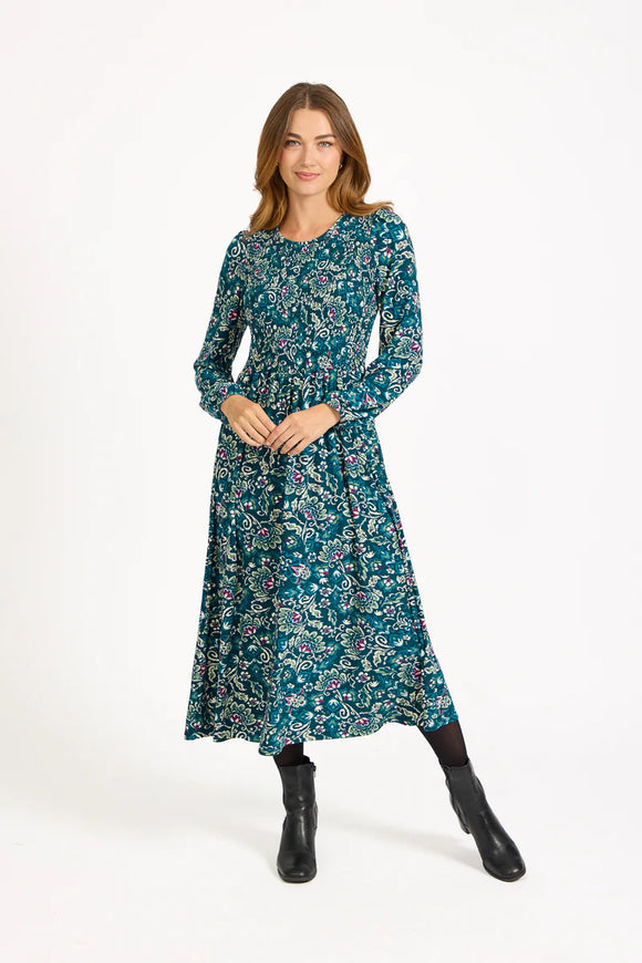 MUDFLOWER Teal Floral Print Shirred Dress