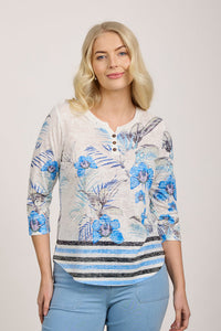 MUDFLOWER Blue Floral Burnout Top