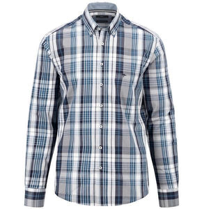 FYNCH HATTON Navy Poplin Check Long Sleeve Casual Shirt