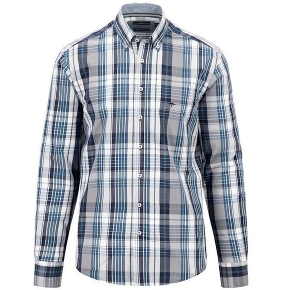 FYNCH HATTON Navy Poplin Check Long Sleeve Casual Shirt