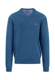 FYNCH HATTON Azure Blue Cotton V Neck Jumper