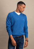 FYNCH HATTON Azure Blue Cotton V Neck Jumper