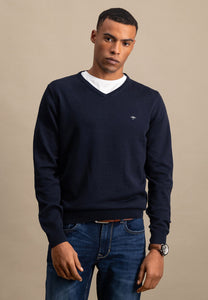 FYNCH HATTON Navy Cotton V Neck Jumper