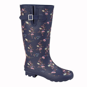 Navy Floral Print Wellington - Stormwells