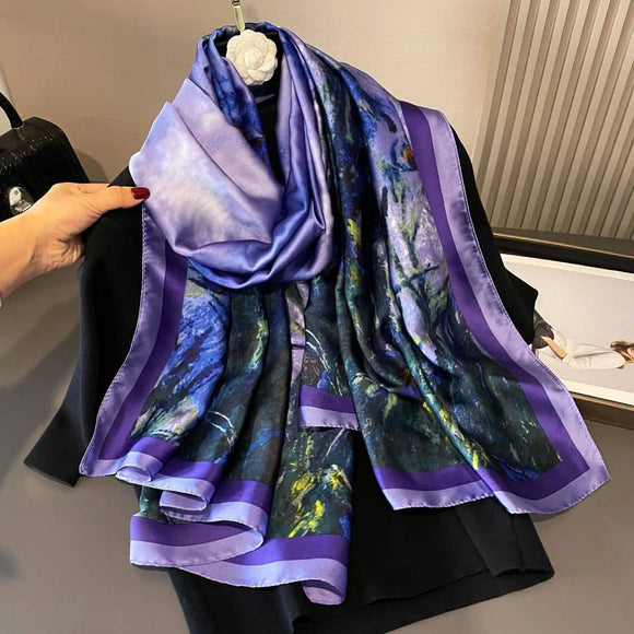 Artistic Iris Print Satin Scarf in Purple