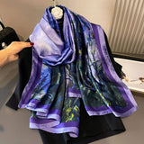 Artistic Iris Print Satin Scarf in Purple