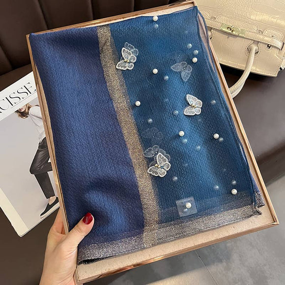 Silk Scarf with Embroidered Butterflies & Pearls - Navy
