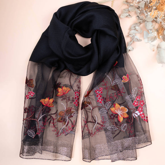 Silk Scarf with Embroidered Flowers - Black