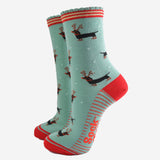 Pair of mint green socks with a Christmas dachshund pattern