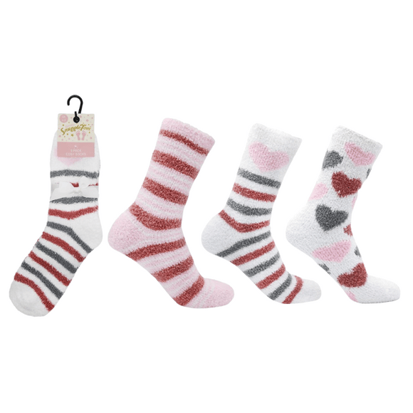 Ladies Hearts & Stripes Pink Snuggle Toes Socks 3 Pair Pack
