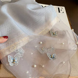 Silk Scarf with Embroidered Butterflies & Pearls - Grey