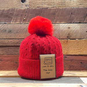 Red Unisex Cable Bobble Hat