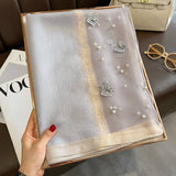 Silk Scarf with Embroidered Butterflies & Pearls - Grey