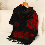 Rose Flowers Print Wool Scarf - Black/Red