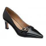 A LOTUS black leather kitten heel pump with a pointed toe and a decorative gold-tone buckle detail across the vamp, shown on a plain white background.