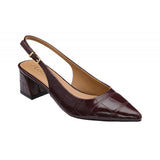 A Lotus dark burgundy crocodile-embossed slingback pump with a low block heel and gold buckle, shown from a three-quarters angle on a white background.