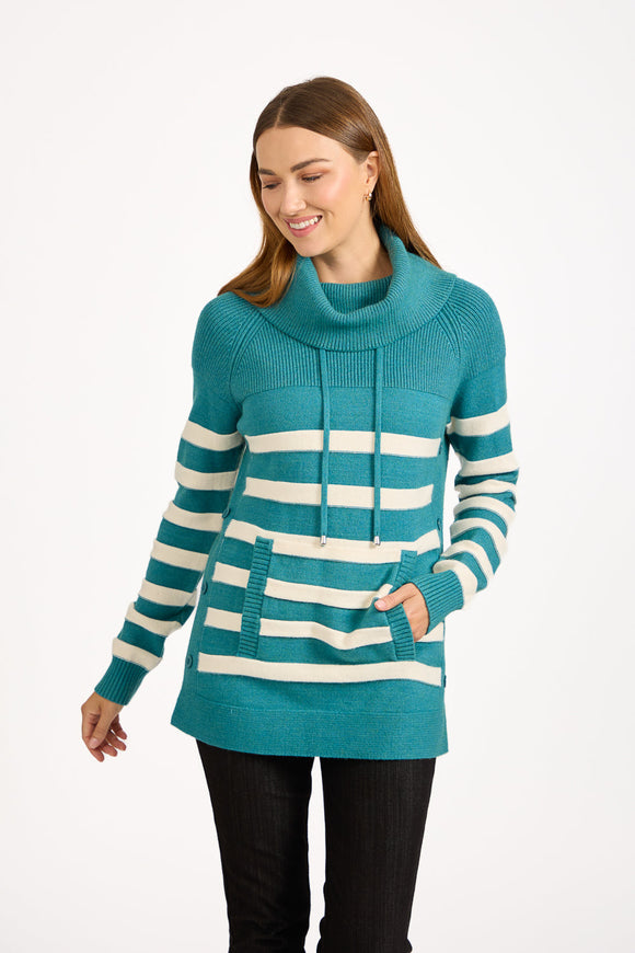 MUDFLOWER Teal Striped Cowl Neck Jumper