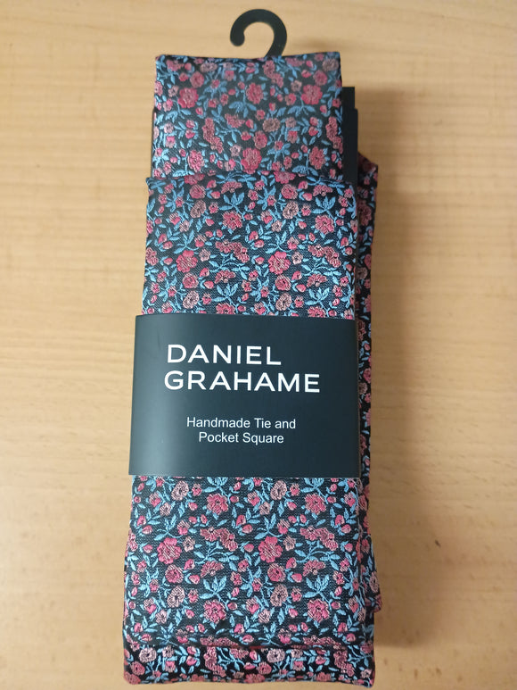 DANIEL GRAHAME Flower Patterned Standard Width Tie & Pocket Square Set