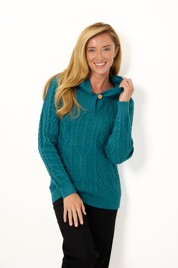 MUDFLOWER Teal Cable Knit Hooded Jumper