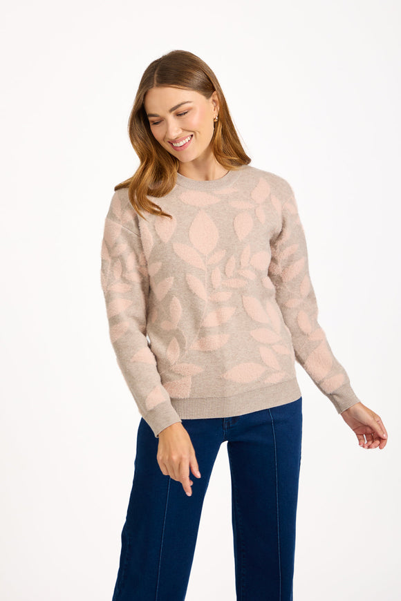 MUDFLOWER Beige Leaf Print Fluffy Yarn Jumper