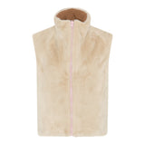 A MICH sleeveless sand faux fur reversible waistcoat with a pink zipper and a brown lining visible inside the collar, shown against a plain white background.