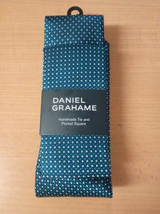 DANIEL GRAHAME Teal Patterned Standard Width Tie & Pocket Square Set