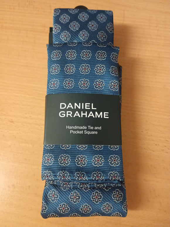 DANIEL GRAHAME Dark Blue Patterned Standard Width Tie & Pocket Square Set