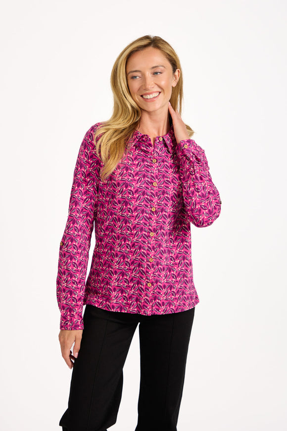 MUDFLOWER Pink Leaf Print Cotton Shirt