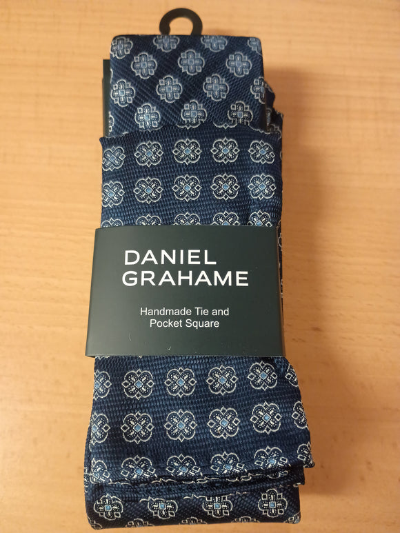 DANIEL GRAHAME Navy Patterned Standard Width Tie & Pocket Square Set