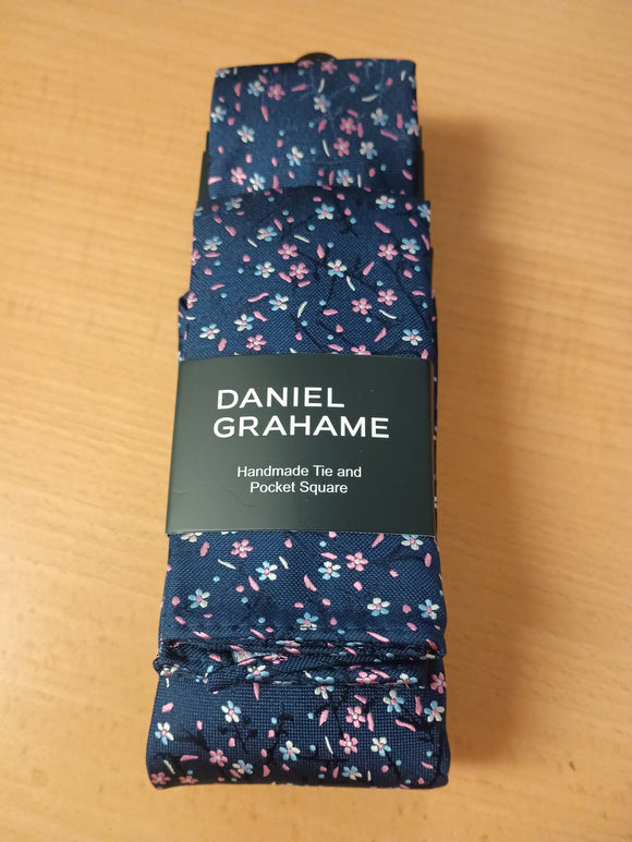 DANIEL GRAHAME Navy Patterned Standard Width Tie & Pocket Square Set