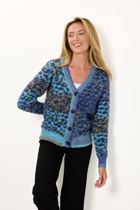 MUDFLOWER Blue Fluffy Leopard Print Cardigan