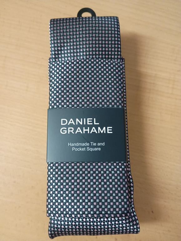 DANIEL GRAHAME Charcoal Patterned Standard Width Tie & Pocket Square Set