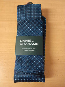 DANIEL GRAHAME Navy Blue Patterned Standard Width Tie & Pocket Square Set