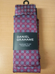 DANIEL GRAHAME Purple Patterned Standard Width Tie & Pocket Square Set