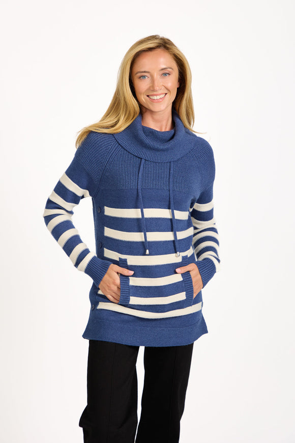 MUDFLOWER Blue Striped Cowl Neck Jumper