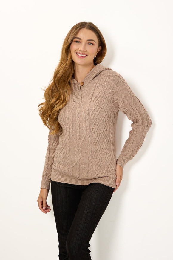 MUDFLOWER Camel Cable Knit Hooded Jumper