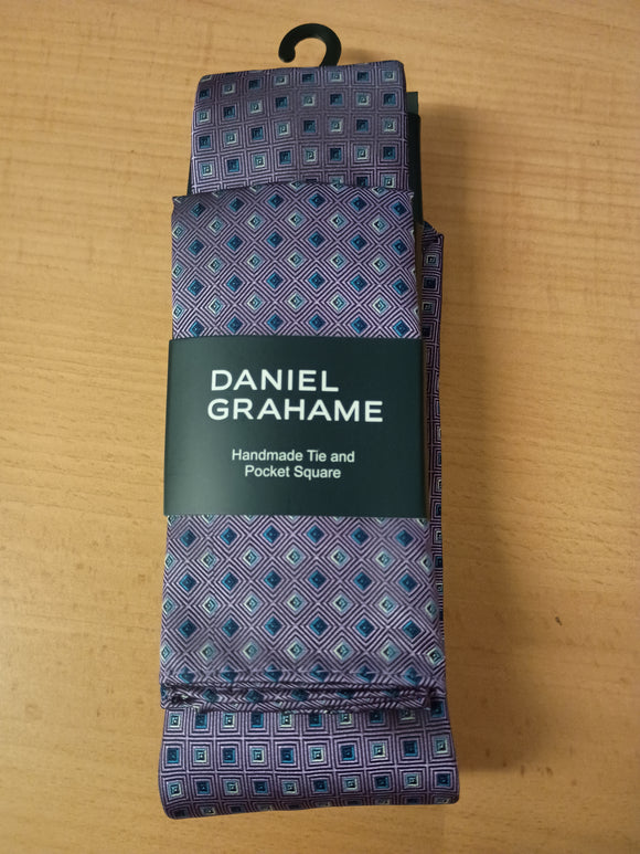 DANIEL GRAHAME Purple Patterned Standard Width Tie & Pocket Square Set