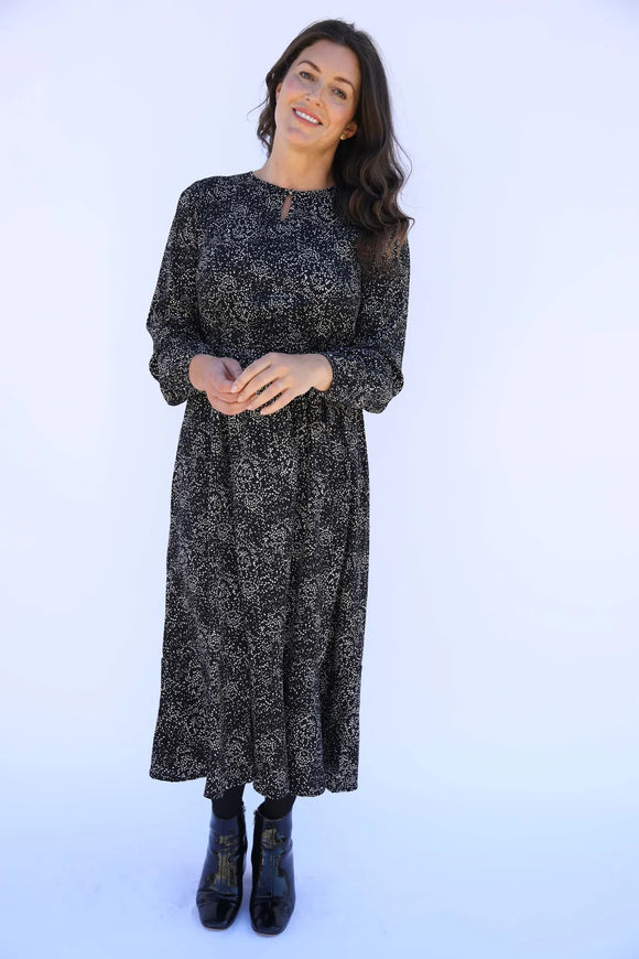 Black Printed Long Sleeve Maxi Dress - Mudflower